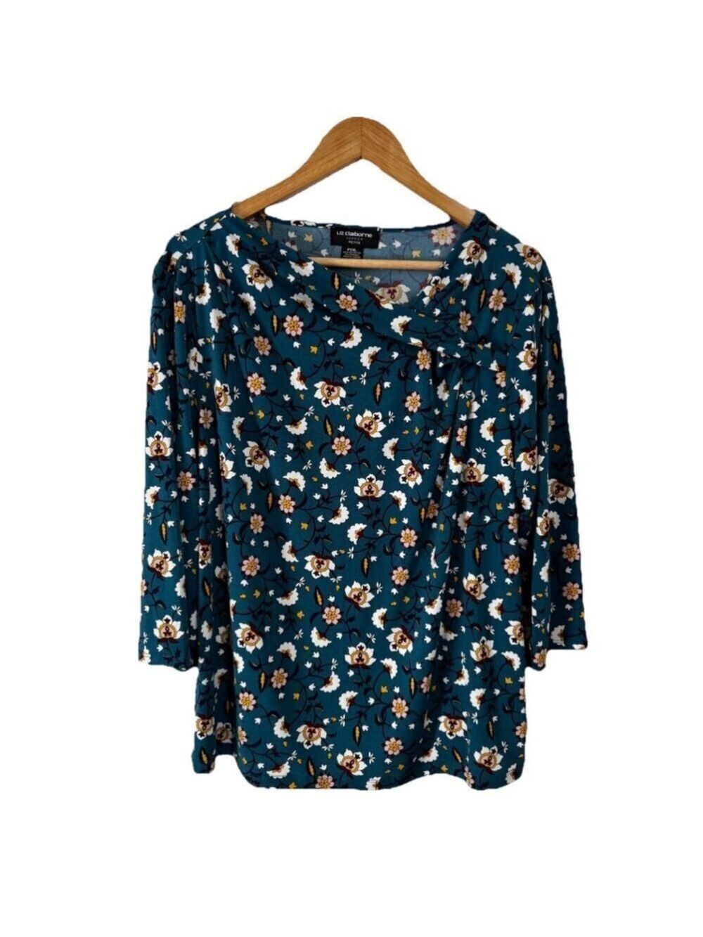 Liz Claiborne Petite XXL Floral Liquid Knit 3/4 Sleeve Blouse